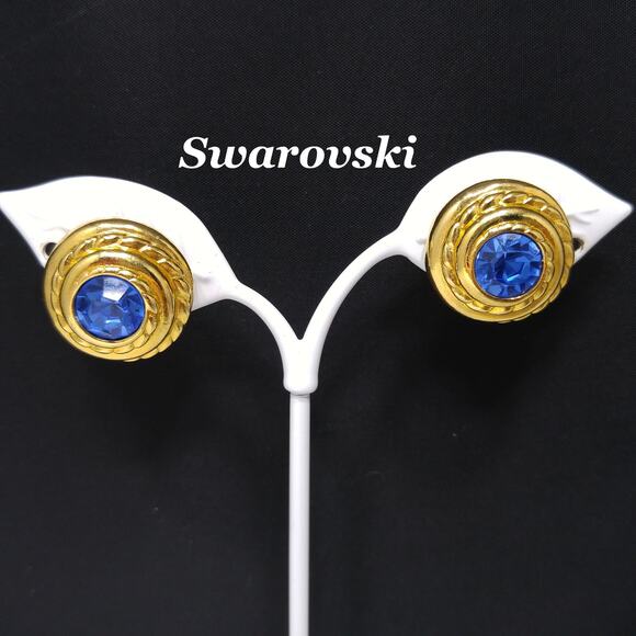 Swarovski Blue Crystal Clip Earrings, Gold Plated Round, 1990s Vintage - Picture 1 of 10